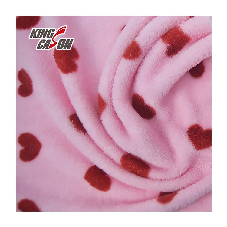 Kingcason China Factory Heart Pattern Printed Pink Color 230gsm 2m Microfiber Flannel Fleece Fabrics For Winter Home Textile