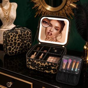 CF Leopard Print Waterproof LED Light Makeup <strong>Mirror</strong> 3 Color Touch Dimmer 2000mAh Adjustable Dividers DIY Travel Cosmetic Case - Product Image 1
