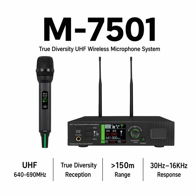 Professional UHF Wireless Microphone System 640-690MHz Long Range Stage Karaoke Conference Microphone with OLED Display