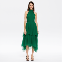 Robe longue décontractée vintage 2026 vert forêt pour Quinceañera, en tulle plissé à volants, style midi fluide