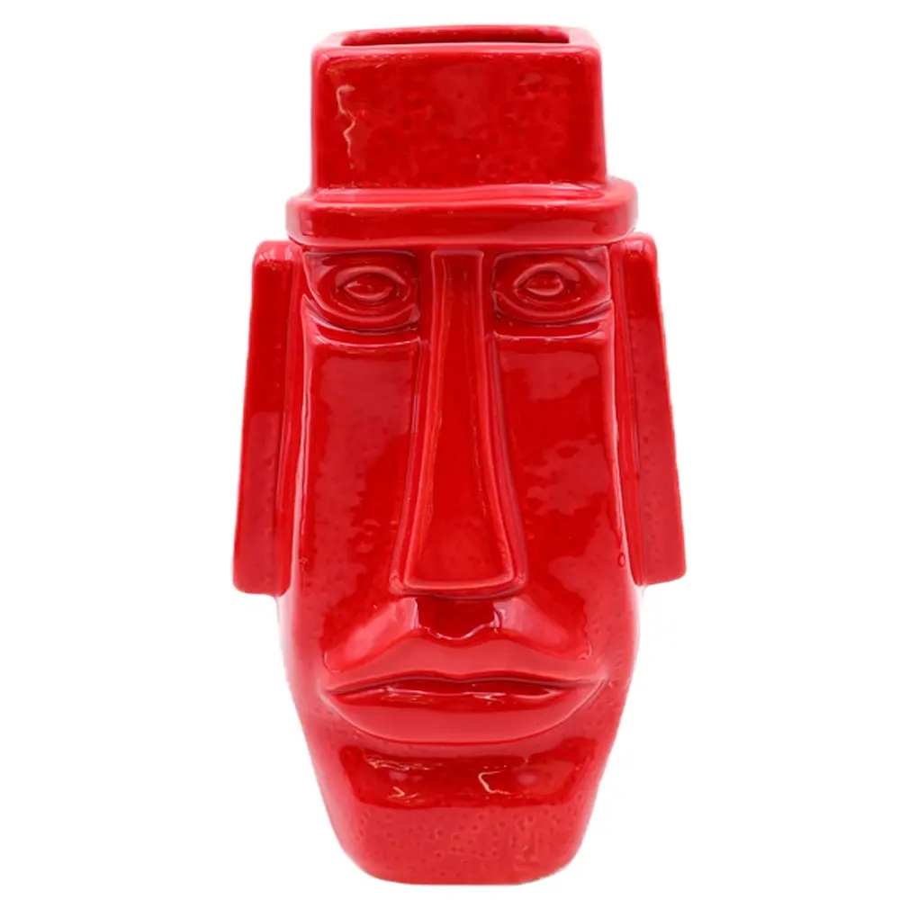 Kustom desain asli high end Hawaii barware tropis lucu batu kaku moai wajah bibir besar mengkilap merah keramik tiki mug