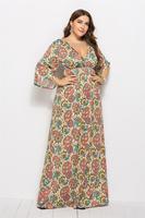 Robe longue maxi à imprimé floral, taille naturelle, col en V profond, manches longues, confortable et ample, pour femmes grandes tailles d'Europe et d'Amérique, été