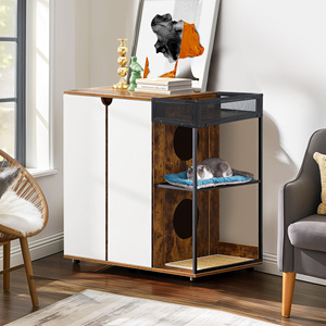 Mueble para Gatos con Recinto para 2 Gatos, Color Marrón Rústico, con Estantes de Almacenamiento - Product Image 3
