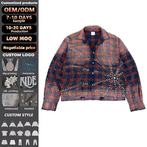 Camicie da uomo a maniche lunghe in flanella a quadri, con strass e perline cucite a mano, lavaggio vintage effetto invecchiato, vestibilità oversize - Collezione di fabbrica - Product Image 1