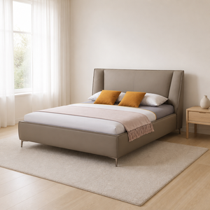 Lit minimaliste à tête de lit haute capitonnée en cuir, cadre plateforme rembourré, pieds en métal, taille King, pour chambre d'amis - Product Image 3