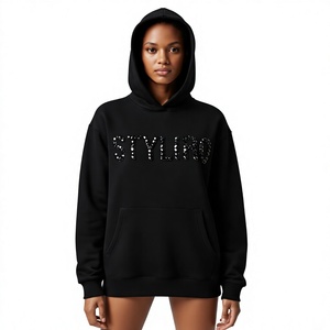 Sweat à capuche oversize pour femme, noir, avec logo pailleté sur le devant, manches classiques, en coton tricoté, pour l'automne - Product Image 1