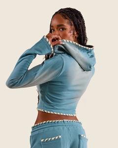 Ensemble de survêtement en <span class=keywords><strong>velours</strong></span> côtelé pour femmes, personnalisé par le fabricant, sexy, court, 2 pièces, sweat-shirt à fermeture éclair et <span class=keywords><strong>pantalon</strong></span> de jogging, ensemble de survêtement pour femmes - Product Image 3