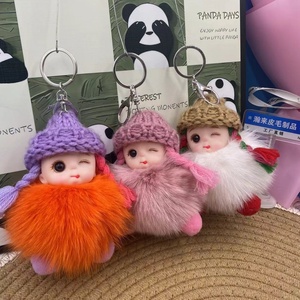 Porte-clés poupée de sommeil mignonne à grands yeux, style dessin animé, avec nœud papillon en ruban de soie, <span class=keywords><strong>peluche</strong></span> bébé, pompon, breloque moelleuse - Product Image 3