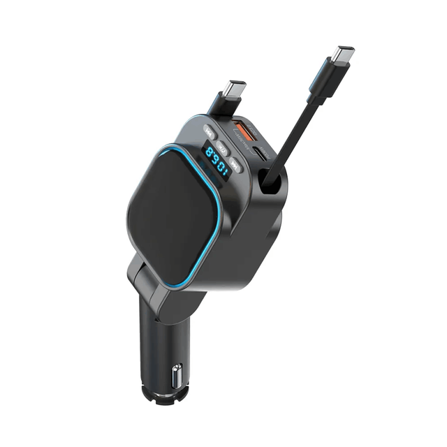 4-in-1 Retractable 96W Dual Type C Fast Charging Car Phone Charger MP3 Player Handsfree BT5.3 FM Transmitter PD 3.0 Mobile Phone