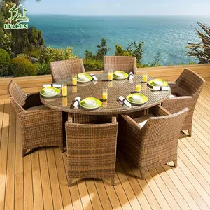 Muebles de mimbre de polietileno para jardín, juego de comedor de mimbre de polietileno para Patio, restaurante y jardín, gran oferta