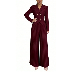ชุดเซ็ต 2 ชิ้นสำหรับผู้หญิง กางเกงพลีทขายาวทรงกระบอก ชุดสูทครอปกระดุมสองแถว กางเกงขากว้าง ชุดทำงานแฟชั่น - Product Image 2