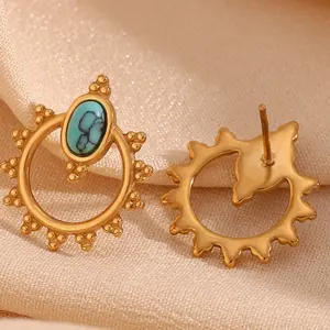 Boho Turquoise Earring Hollow Flower Stud Earring Gold Plated Fine Jewelry Earrings Stainless Steel Wholesale