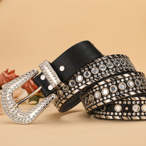 Ceinture style Y2K avec strass, boucle en alliage, largeur 4,0 cm, en cuir PU noir, ceinture tendance pour femmes et hommes, streetwear décontracté - Product Image 1