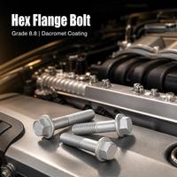 Vis à tête hexagonale avec bride, revêtement Dacromet sans chromate, testées 1500 heures en spray salin, pour environnements marins à forte corrosion, fixations côtières
