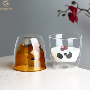 Cartoon Bear Pattern Glass Cup Manufacturer Customized High Borosilicate Double Wall Cup Anti-Scald Heat Insulation Coffee Cup