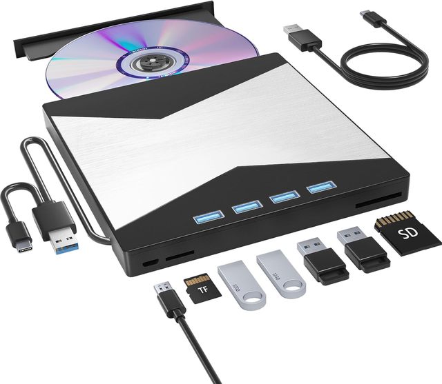 External CD/DVD Drive 7 in 1 Ultra-Slim Burner with 4 USB Ports 2 TF/SD Card Slots Drive Optical for Laptop Desktop Mac Windows
