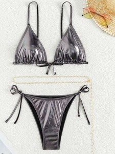 Nouveau Maillot de Bain Bikini Uni Sexy pour Femme 2026, Style Européen et Américain, Gris Argenté Brillant, Deux Pièces - Product Image 1