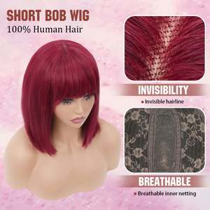 Peluca de Cabello Humano Brasileño Remy con Frente de Encaje HD 4x1, Densidad 210%, Color 99J, Transparente, Sin Pegamento, Pre-Plucked, con Flequillo Recto - Product Image 3