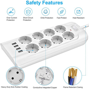 Venta al por mayor de fábrica 4 USB EU Protector contra sobretensiones Regleta de alimentación <span class=keywords><strong>8</strong></span> vías 125V Enchufe de pared Enchufe múltiple 10A Enchufe eléctrico nominal - Product Image 3
