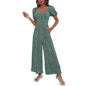 Elastic <strong>Shirring</strong> <strong>Jumpsuit</strong> Square Neck Bubble Sleeve Wide Leg Printed <strong>Jumpsuits</strong> for Women - Product Image 5