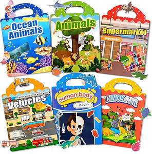 6 sets de livres d'autocollants réutilisables gonflés pour tout-petits de 2 <span class=keywords><strong>à</strong></span> 4 ans, 4 grandes pages par set, 240 autocollants imperméables faciles <span class=keywords><strong>à</strong></span> nettoyer en silicone - Product Image 1