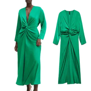 Factory Manufacturer Women Plus Size V Neck Casual Dress Modest Knotted Design Satin Maxi Dresses