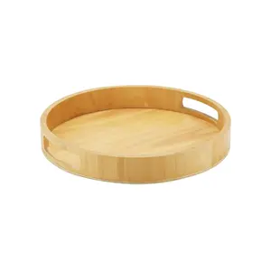 Bandeja redonda de madeira natural reta de fábrica, bandeja circular para sala de jantar, bandeja de madeira para servir em casa