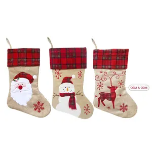 Gold Supplier Xmas Gift Set Plaid Rustic Linen Beige Burlap Santa Christmas Tree Decoration Stockings for Family Gift Decoration