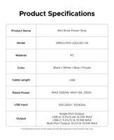 Regleta de enchufes 6 en 1 con protección contra sobretensiones, 13A, enchufe británico, montable en pared, con toma de corriente y puerto USB de 15.5W