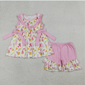 Conjunto de ropa de verano para niñas, túnica rosa con volantes, pantalones cortos, GSSO3067, a la moda - Product Image 5