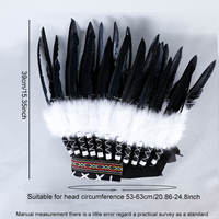 Coiffe indienne en plumes noires avec plumes blanches, faite à la main, pour carnaval, Halloween, fête à thème