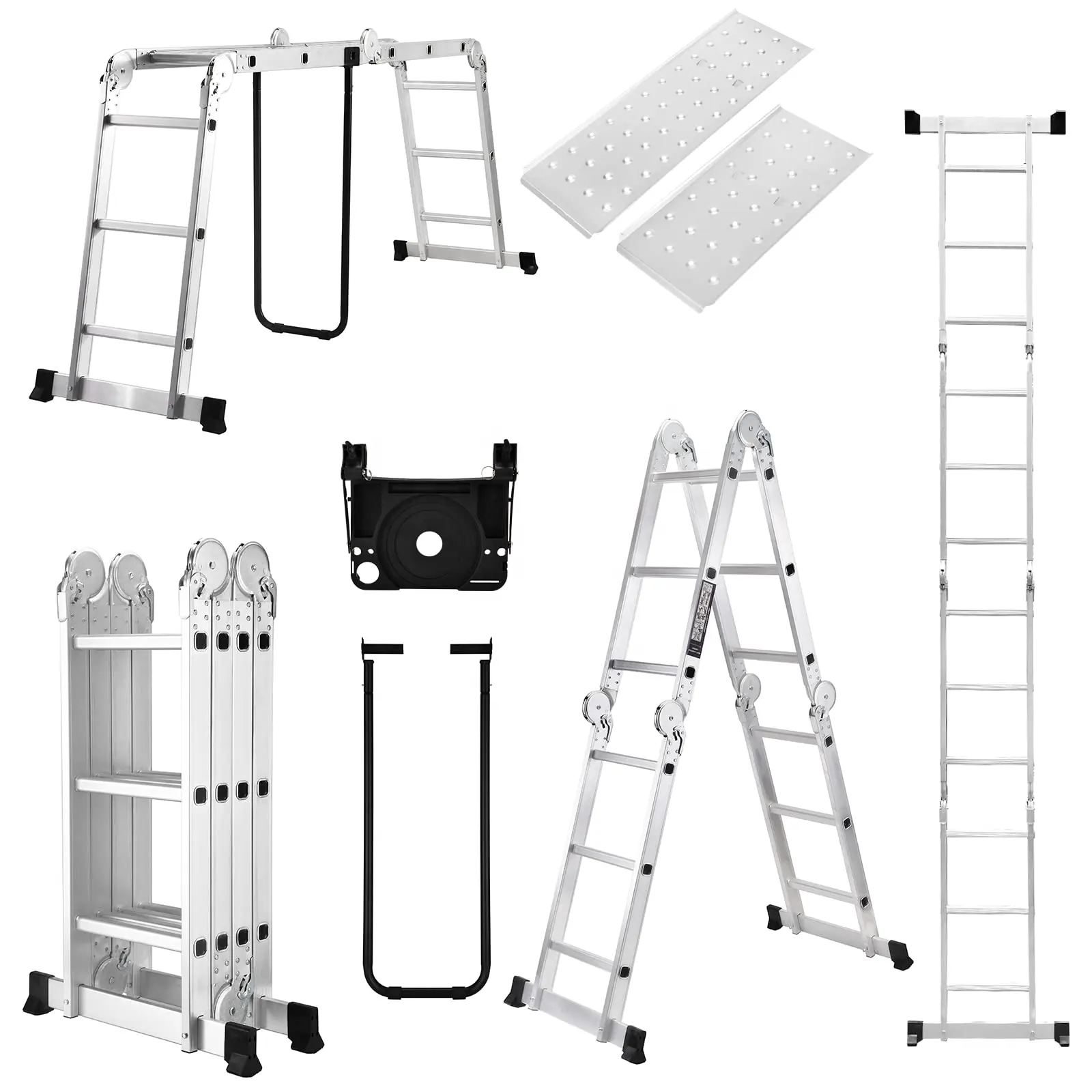 12 Ft Aluminium Verlengladder Met Gereedschapsbak, 2 Platformplaten, 7 In 1 Opvouwbare Opvouwbare Ladder