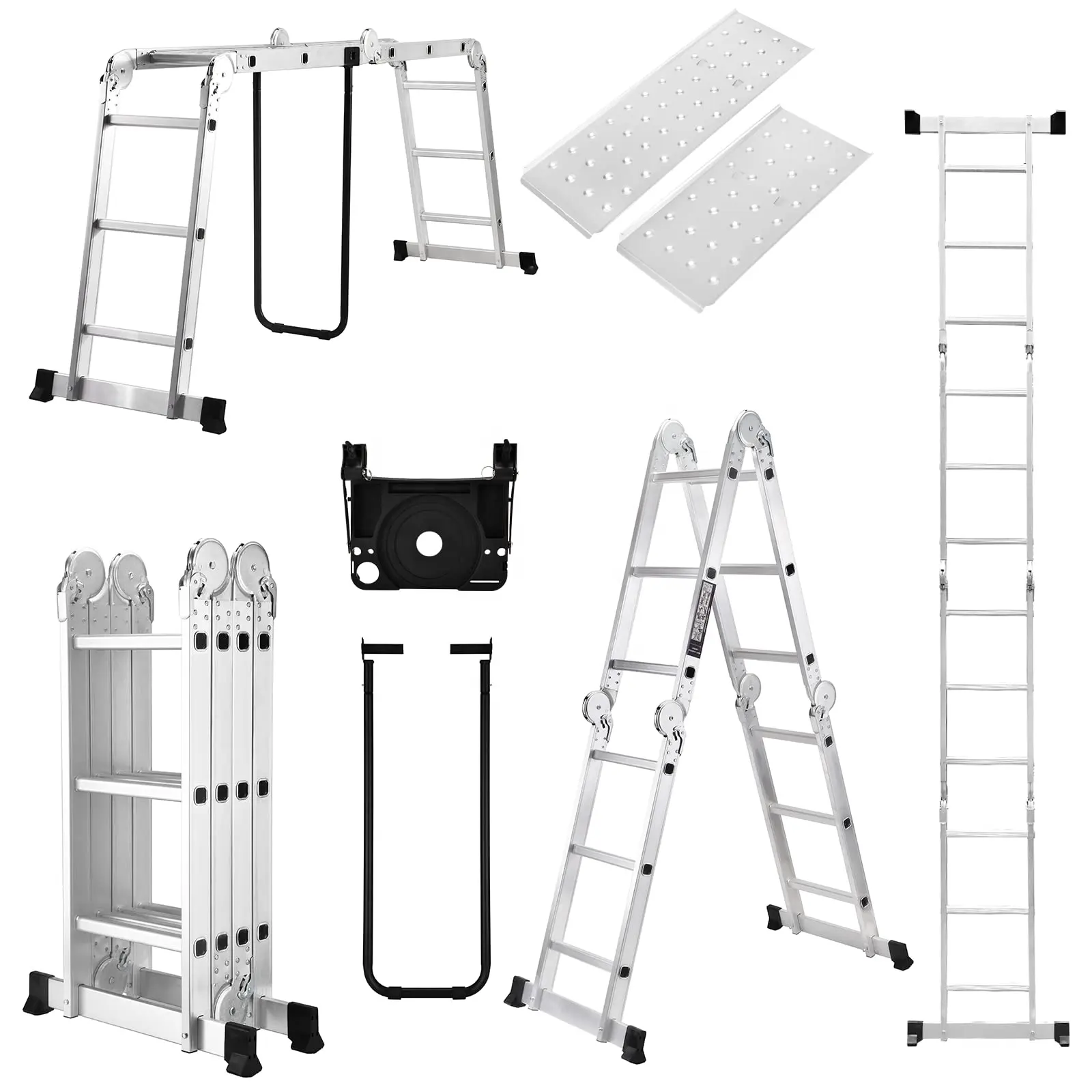 Echelle d'extension en aluminium de 12 pieds avec plateau à outils, 2 plaques de plate-forme, échelle pliable robuste 7 en 1