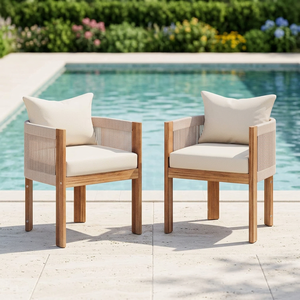 Fauteuil en teck avec panneau tressé en corde, chaise d'extérieur rembourrée pour le bord de la piscine - Product Image 1