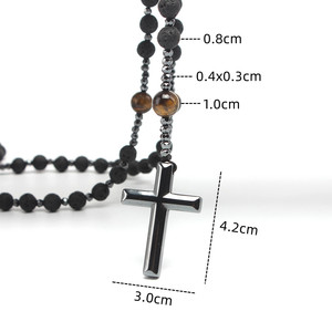 Cuentas de roca de lava volcánica Natural, collares de Rosario de Cristo católico, collar con colgante de Cruz de hematita para hombres - Product Image 4
