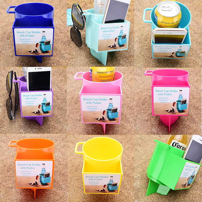 Portavasos de arena multifuncional para acampar al aire libre de 600ml, portavasos de playa de plástico colgante