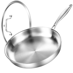 Wok en acier inoxydable tri-couches entièrement recouvert avec couvercle, sans revêtement, compatible induction, poêle à frire, passe au four, sans PTFE ni PFOA - Product Image 1