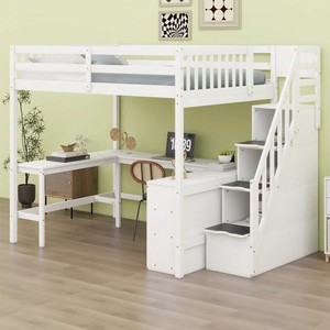 <span class=keywords><strong>Lit</strong></span> mezzanine moderne avec bureau <span class=keywords><strong>en</strong></span> L intégré et étagères de rangement à trois niveaux, escalier de rangement pour chambre à coucher - Product Image 3