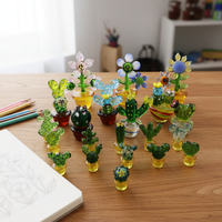 Dekorasi Meja Mini Ornamen Kaca Murano Buatan Tangan Tiupan Manual Kerajinan Kaca Lampwork Figurine Tanaman Kaktus Bunga