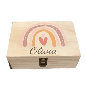 Cute Print Custom Logo hinged Lid Photo Postcards Organizer Wood Empty Box Baby Newborn Gifts Wood box for gift