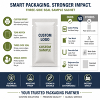 Sachets d'échantillons cosmétiques liquides personnalisés, emballage d'échantillons de soins de la peau, emballage de mini-échantillons, emballage de sachets en plastique à trois côtés, emballage de sachets en mylar