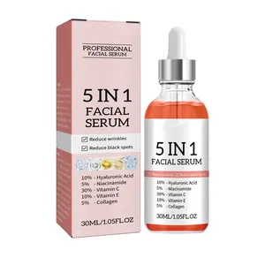 OEM Serum perawatan kulit, 5 in 1 pemutih Anti Penuaan Serum Wajah dengan 30% Vitamin C 5% Niacinamide 10% Vitamin E Serum Wajah