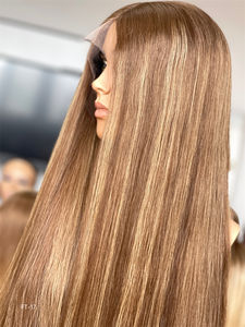 Long 26 pouces ventilé droite cheveux européens Transparent dentelle avant perruques juives Super légère couche marron faits saillants couleur - Product Image 3