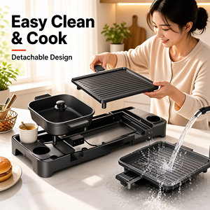Gril électrique portable pliable avec double cuve amovible, type canard mandarin, entièrement lavable, antiadhésif, pour barbecue - Product Image 2