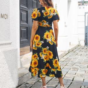 بيع بالجملة مخصص عارضة الصيف فضفاضة الخامس الرقبة قصيرة الأكمام طويلة اندلعت الأزهار طباعة عباد الشمس حزب اللباس النساء مع حزام - Product Image 6