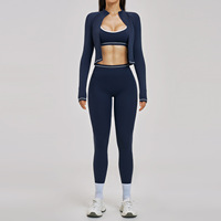 Ensemble de sport 3 pièces pour femme 2026 : Soutien-gorge de sport à col en V profond, veste à bandes blanches, short taille haute et leggings push-up – Tenue de Pilates
