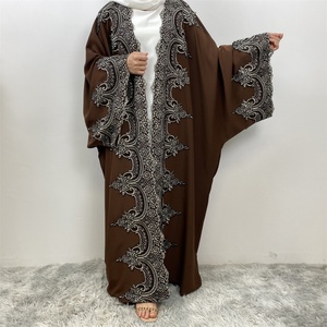 1417# New Design Women's Modest Robe Eid Kaftan With Classy Flower Applique Border Big Sleeves Gorgeously Open <b>Abaya</b> - Product Image 2