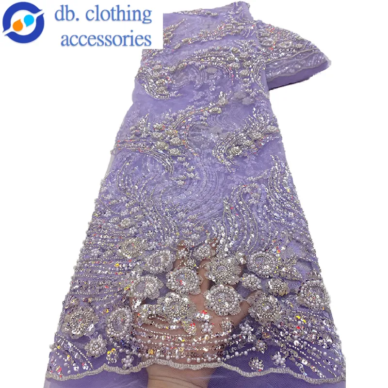 Neueste Stickerei Glitter Pailletten Stretch Stoff Hell Lila Luxus 3D Perlen Blume Spitze Stoff für Kleid