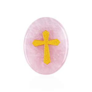 Pietra Naturale Curativa <span class=keywords><strong>in</strong></span> Cristallo con Croce Dorata Incisa, Massaggio Palmare, Forma Ovale, Fetta di <span class=keywords><strong>Quarzo</strong></span> Rosa Naturale Incisa - Product Image 6