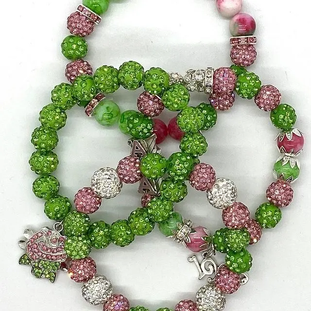 Customized Any Color Pink and Green Rhinestones Beads Bracelets Greek Letter Alpha Kap Alpha Elastic Sorority Charm bracelets